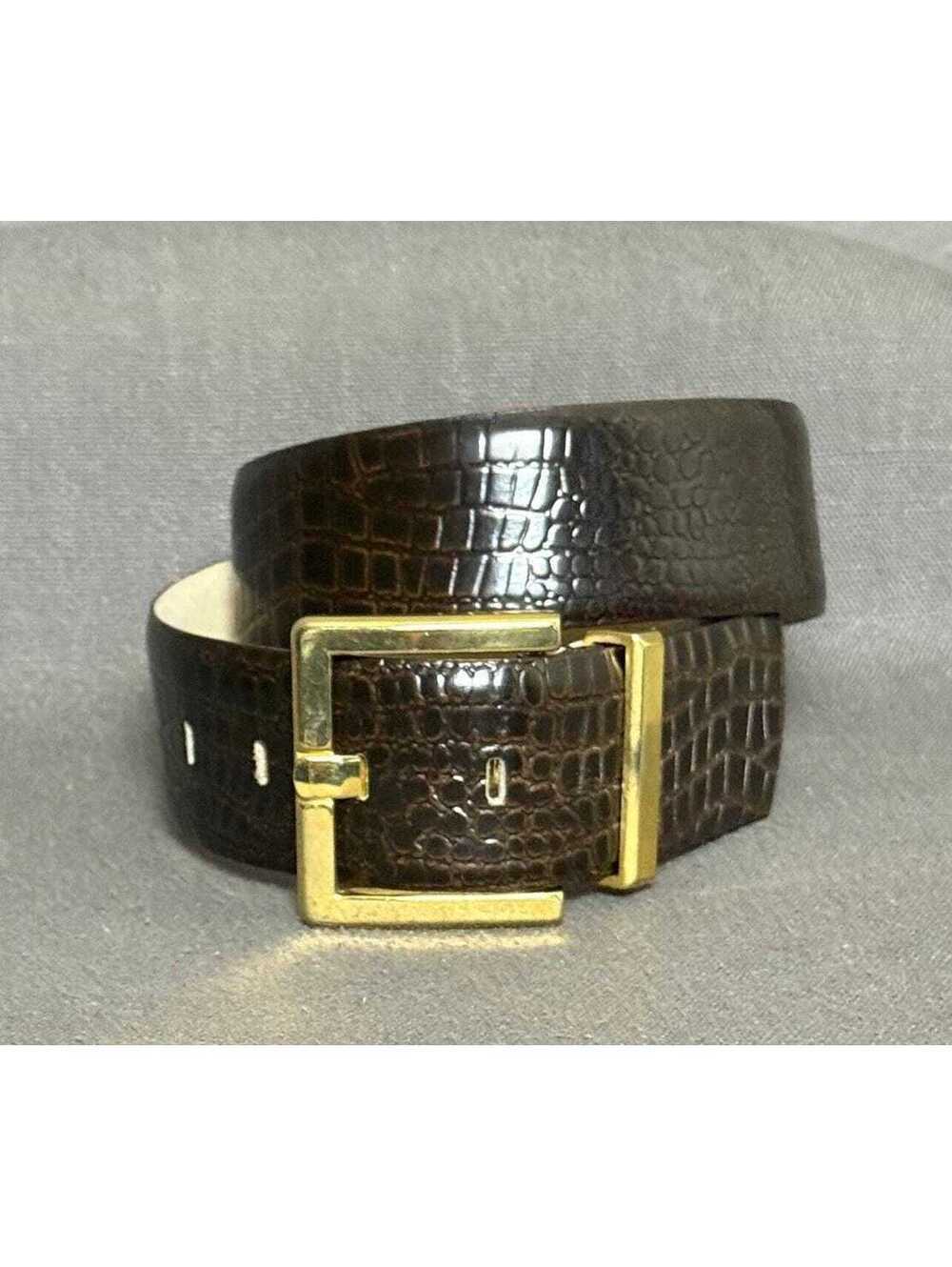 1990's Dark Brown Croc Print Leather Belt Gold Brass Buckle by Morgan Taylor Med
